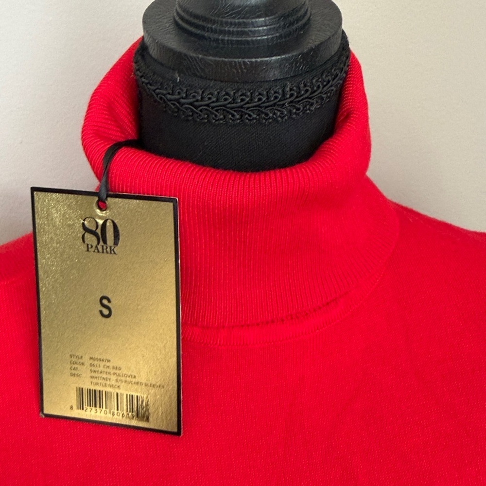 80 Park Red Whitney TurtleNeck Ruched Sleeve Top NWT. Size S - Picture 5 of 6